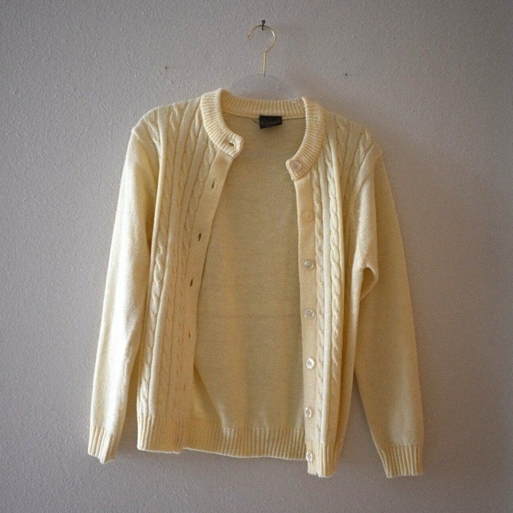 Cadogan Court Sportswear Vintage Yellow Cable Knit Cardigan Preppy Tennis Golf S